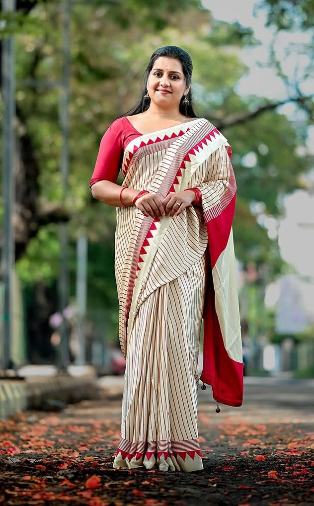 EXCLUSIVE PINK TEMPLE BOREDR STRIPE AJRAKH SAREE