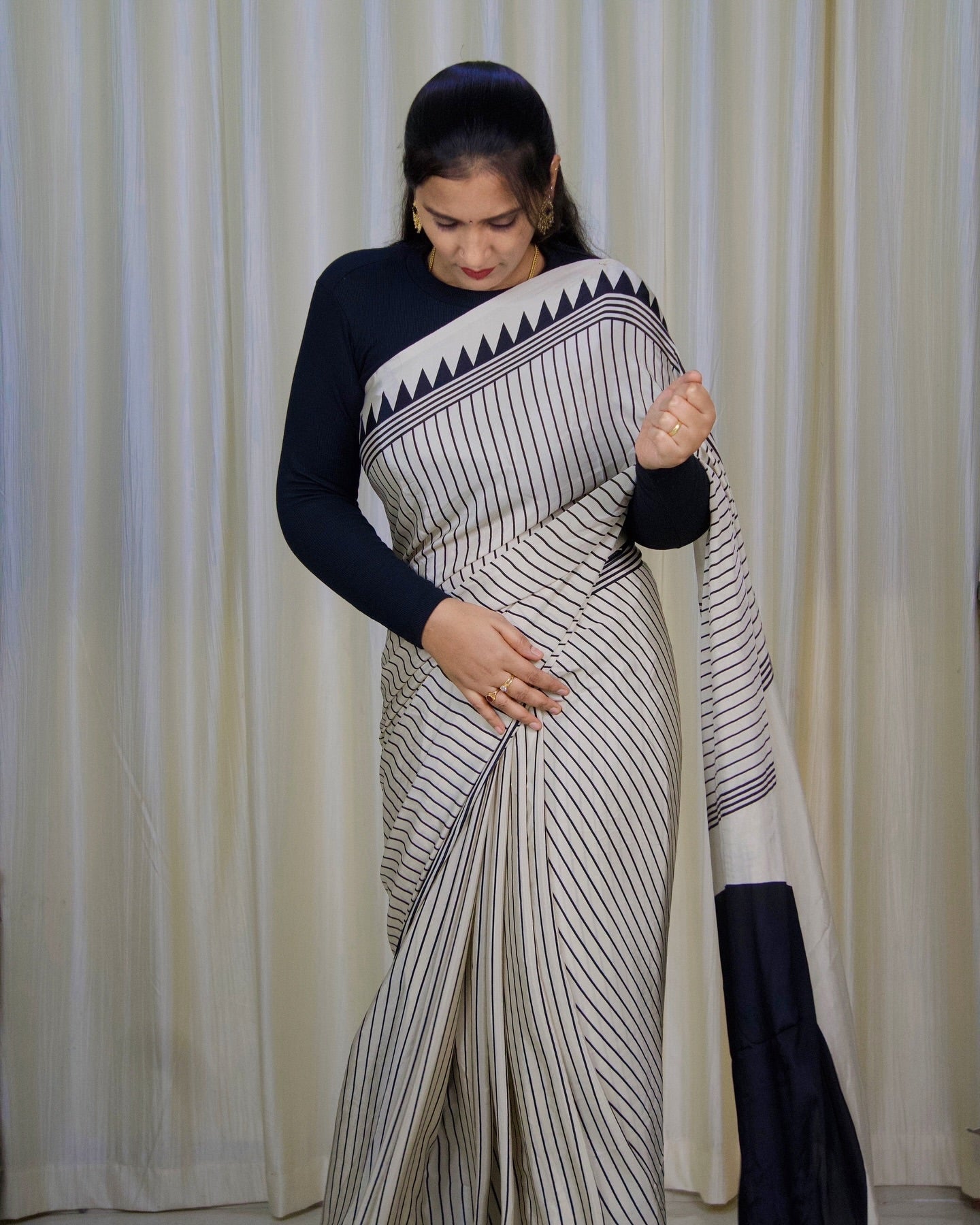 Exclusive Black & White Stripe Ajrakh Saree – Handcrafted Elegance