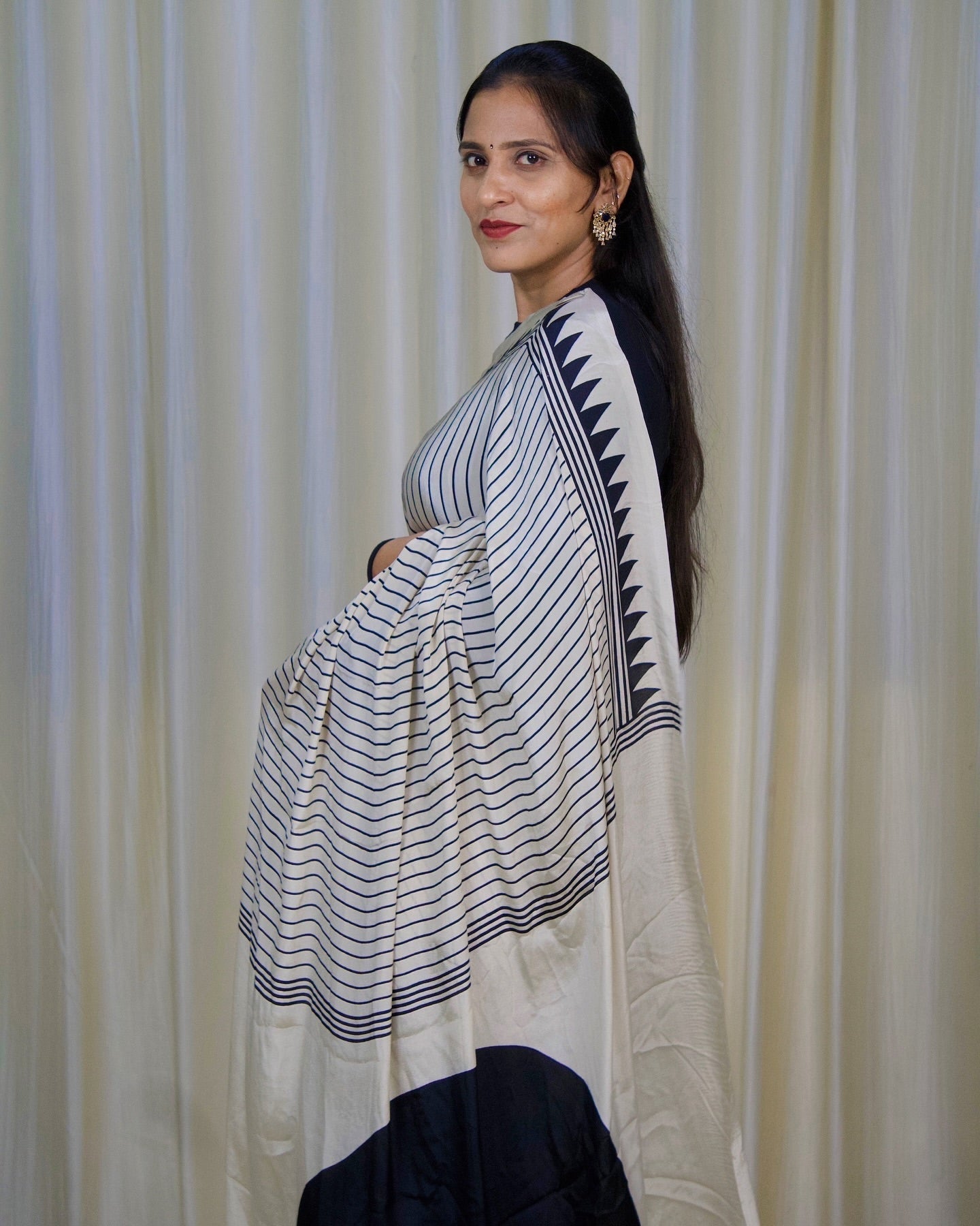 Exclusive Black & White Stripe Ajrakh Saree – Handcrafted Elegance