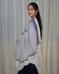 Exclusive Black & White Stripe Ajrakh Saree – Handcrafted Elegance