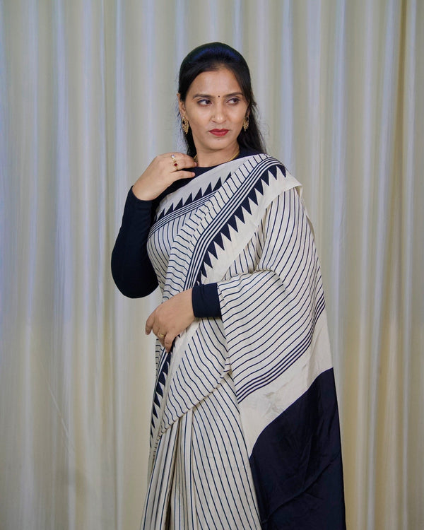 Exclusive Black & White Stripe Ajrakh Saree – Handcrafted Elegance