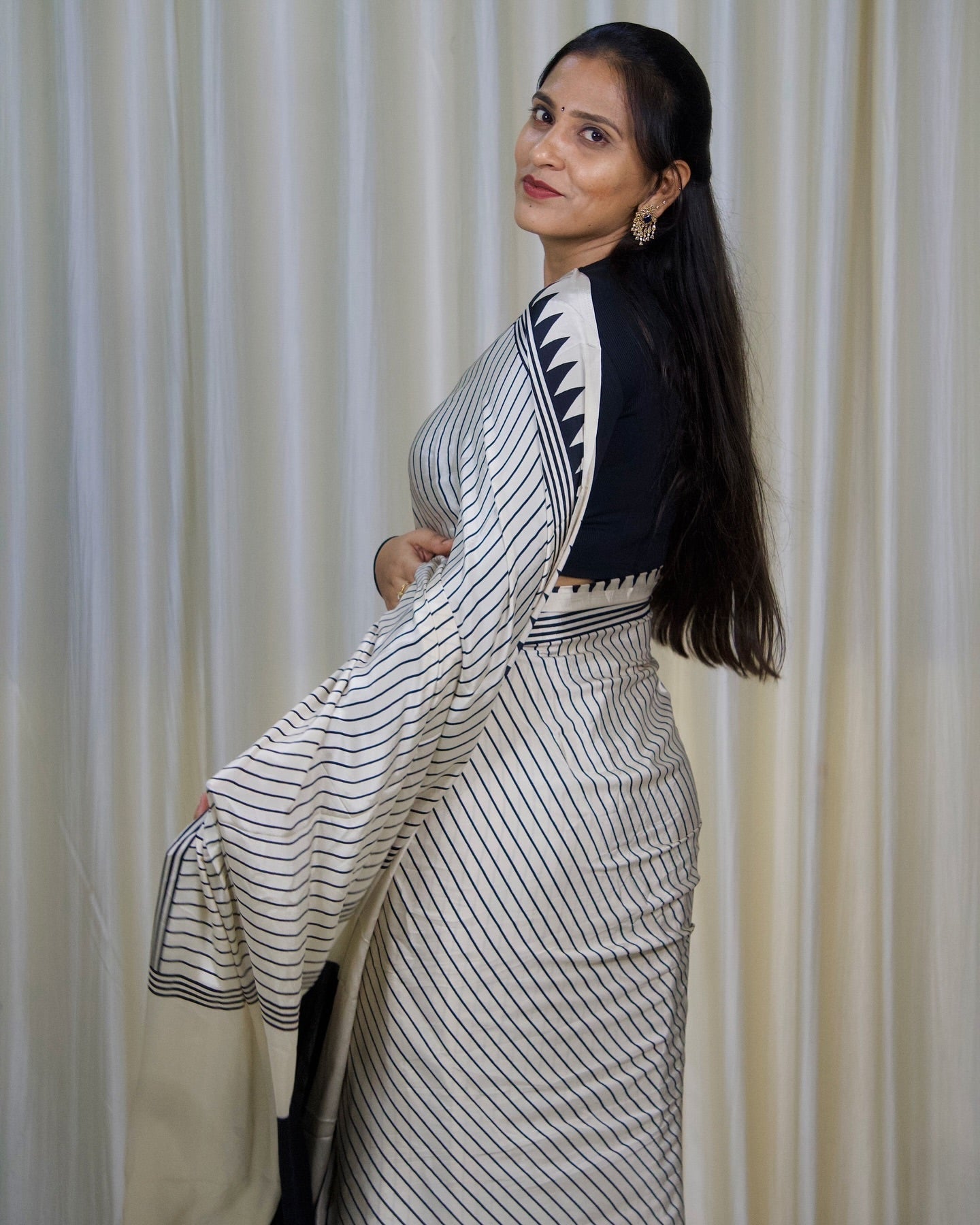 Exclusive Black & White Stripe Ajrakh Saree – Handcrafted Elegance