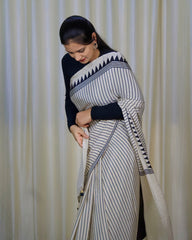 Exclusive Black & White Stripe Ajrakh Saree – Handcrafted Elegance