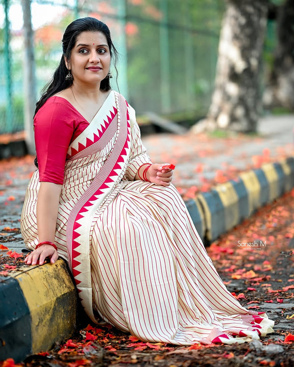 EXCLUSIVE PINK TEMPLE BOREDR STRIPE AJRAKH SAREE