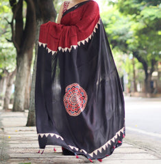Red Black Ajrakh Silk Saree