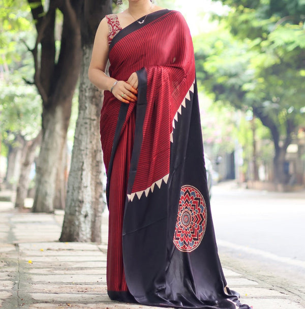 Red Black Ajrakh Silk Saree