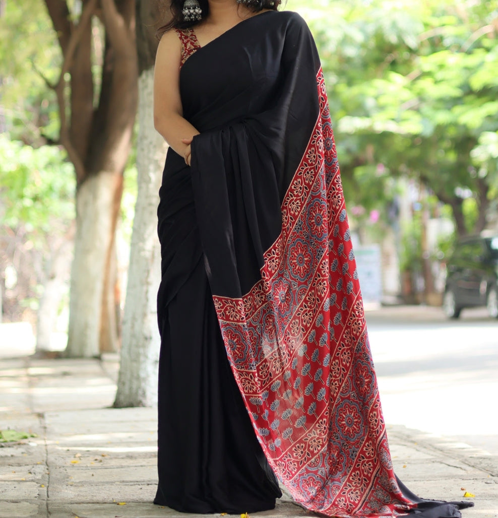 Black Ajrakh Silk Saree