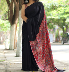 Black Ajrakh Silk Saree