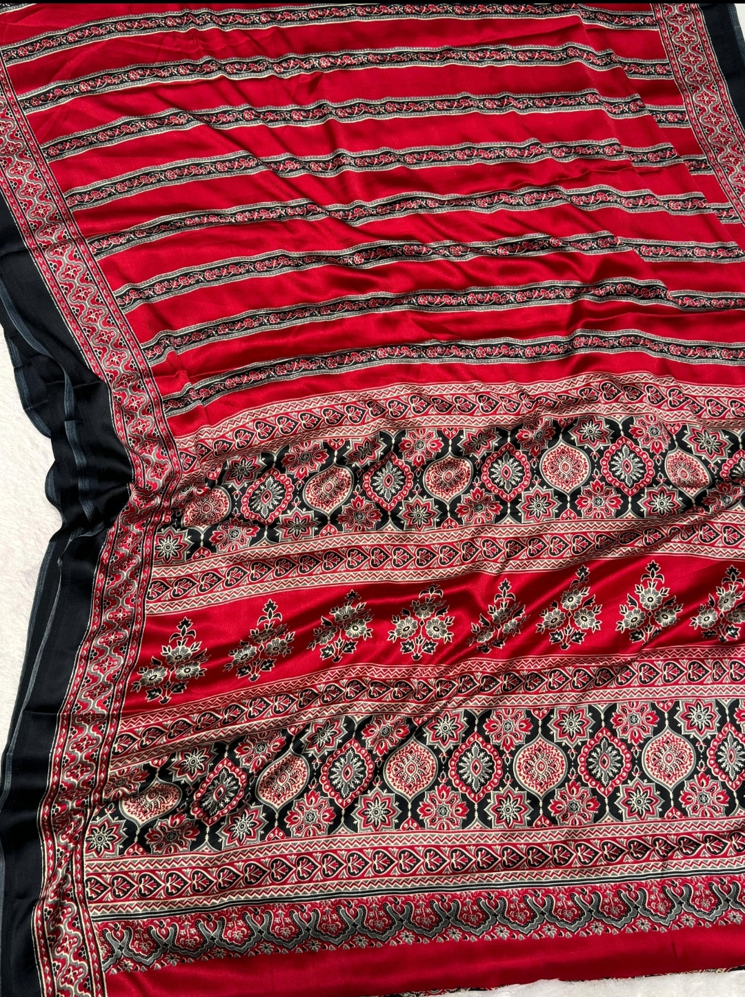 Maroon Black Ajrakh Printed Saree