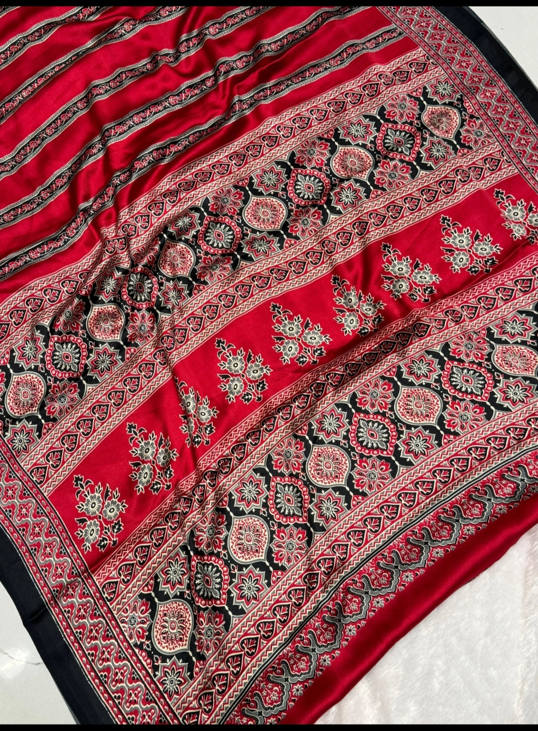 Maroon Black Ajrakh Printed Saree