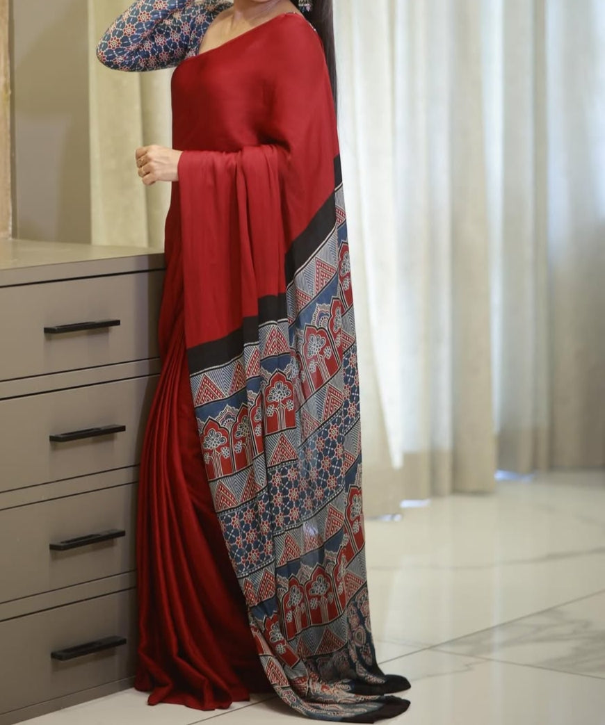 Beautiful Maroon Ajrakh Saree