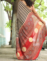 Cream Black Ajrakh Silk Saree - Elegant Traditional Wear