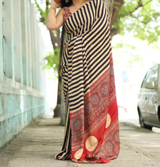 Cream Black Ajrakh Silk Saree - Elegant Traditional Wear