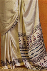 Exclusive Cream Ajrakh Printed Crape Silk Saree