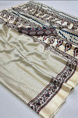 Exclusive Cream Ajrakh Printed Crape Silk Saree