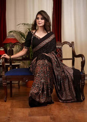 elegant and rich ajrakh design Midnight Bloom Saree