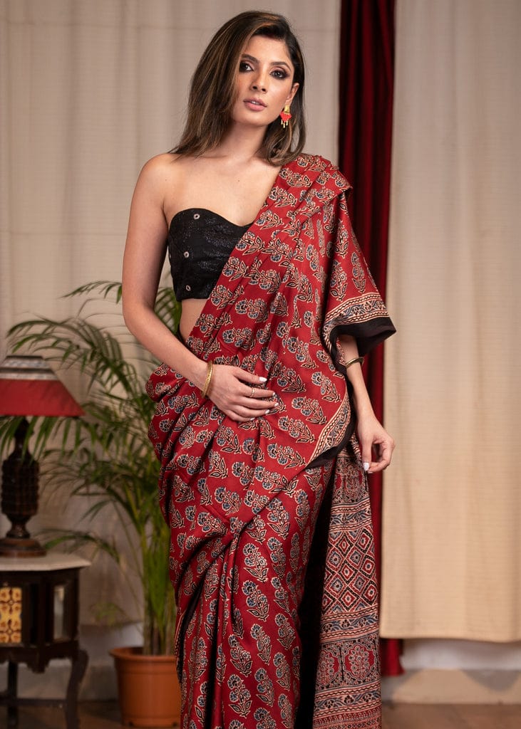 MAROON COLOR AJRAKH SAREE