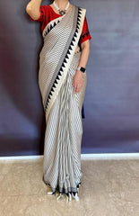 "Exclusive Black & White Stripe Ajrakh Cotton Saree – Handcrafted Elegance"