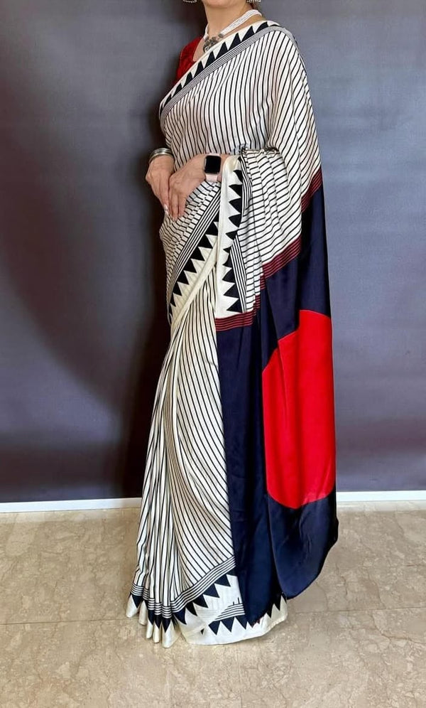 "Exclusive Black & White Stripe Ajrakh Cotton Saree – Handcrafted Elegance"
