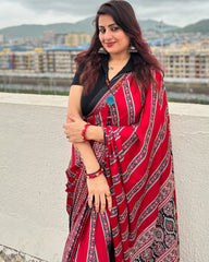 Maroon Black Ajrakh Printed Saree