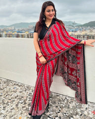 Maroon Black Ajrakh Printed Saree