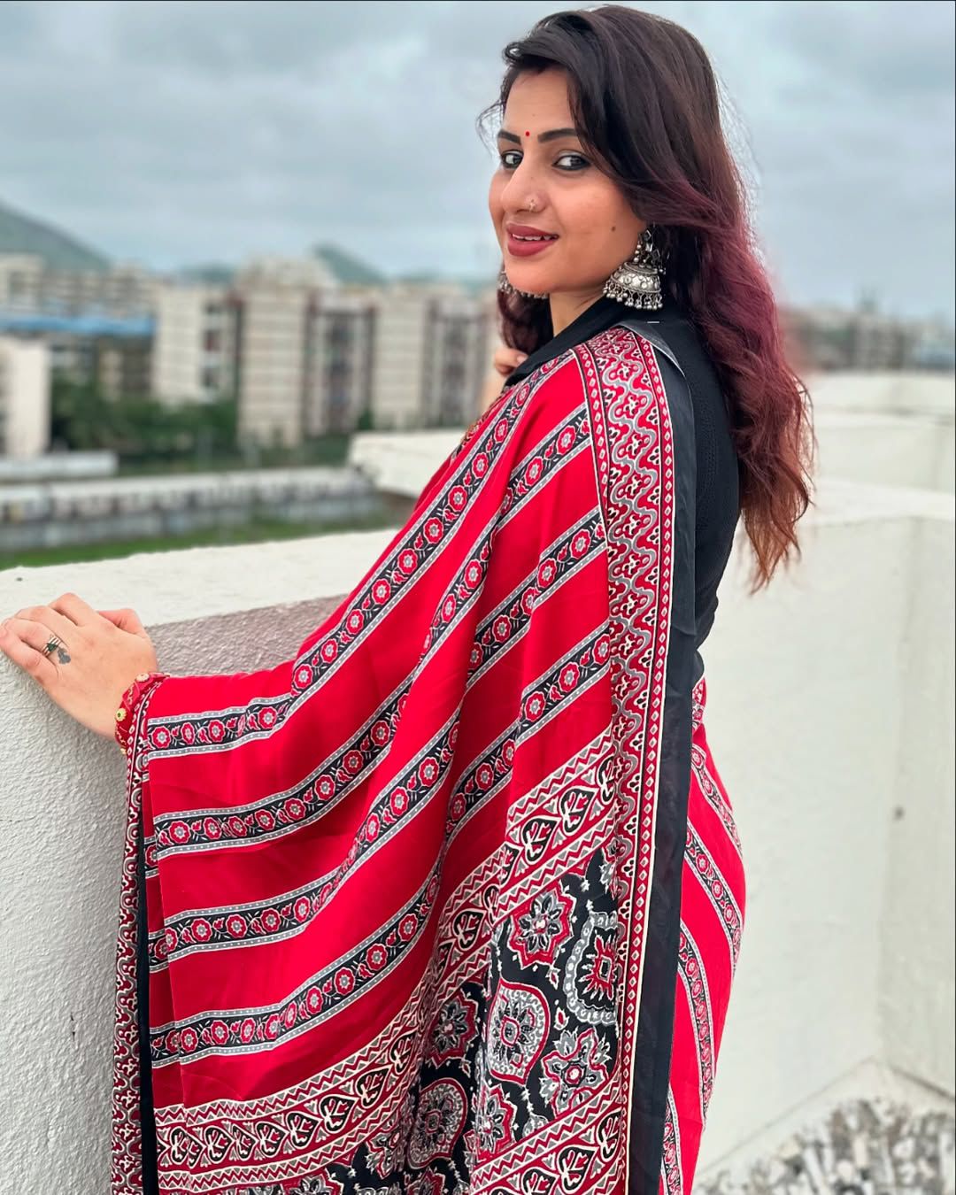 Maroon Black Ajrakh Printed Saree
