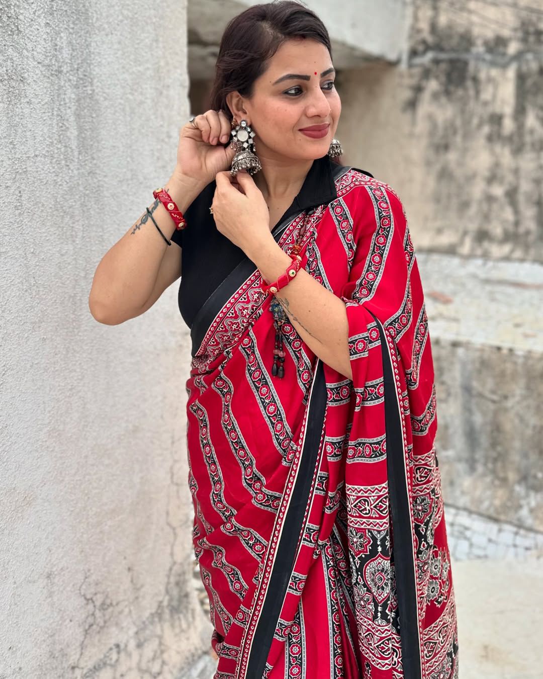 Maroon Black Ajrakh Printed Saree