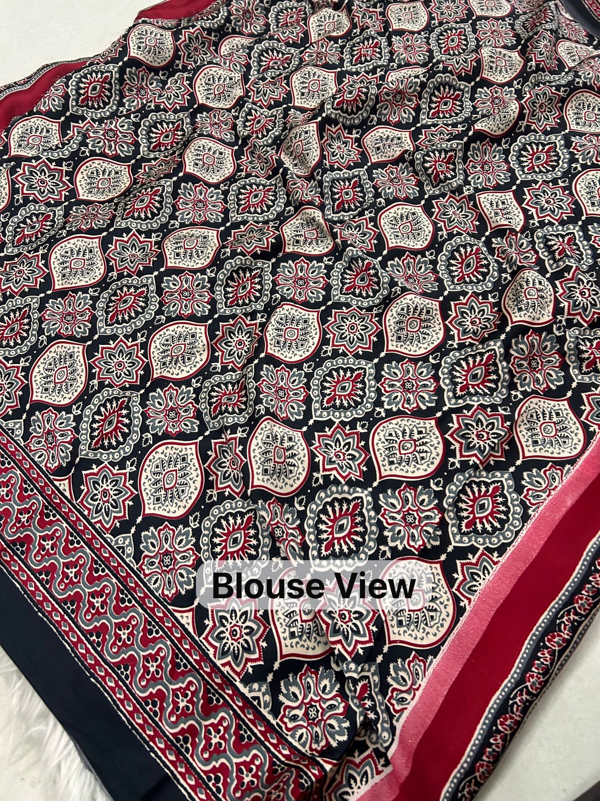 Maroon Black Ajrakh Printed Saree