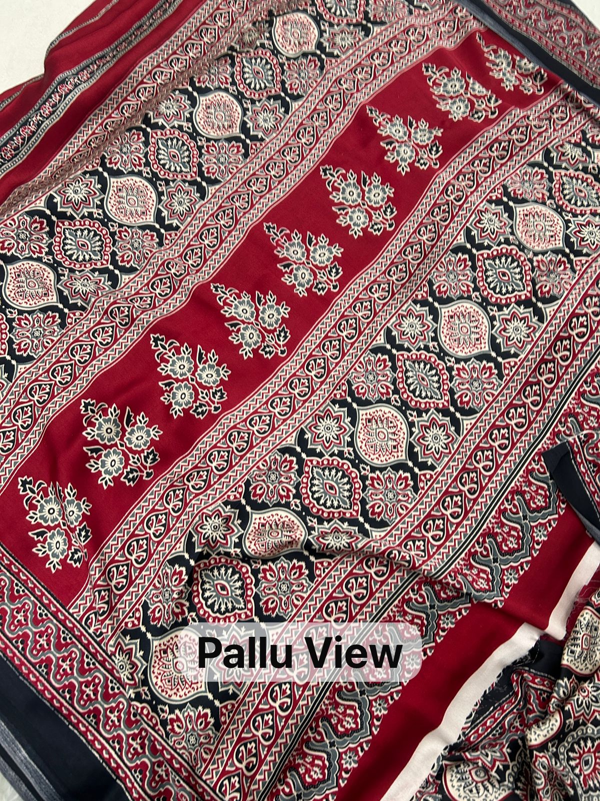 Maroon Black Ajrakh Printed Saree
