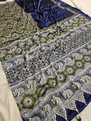 BLUE ELEPHANT PRINTED AJRAKH SAREE