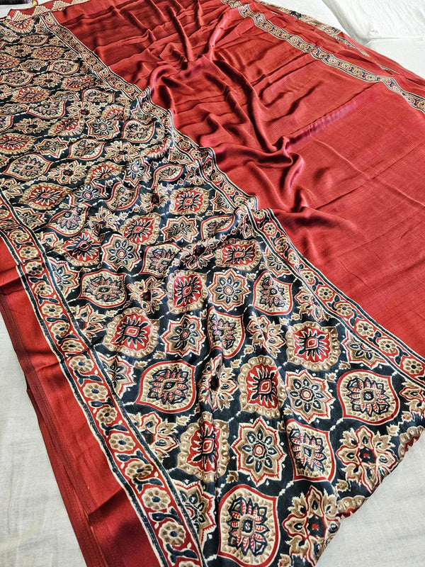MAROON ELEPHANT PRINTED AJRAKH SAREE