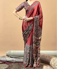 MAROON ELEPHANT PRINTED AJRAKH SAREE