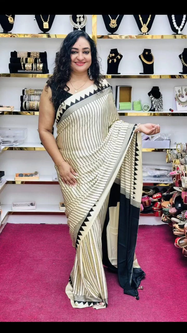 WHITE BINDI TEMPLE BORDER AJRAKH SAREE