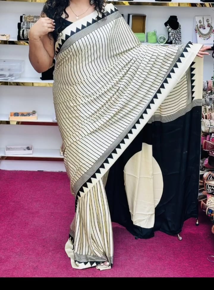 WHITE BINDI TEMPLE BORDER AJRAKH SAREE