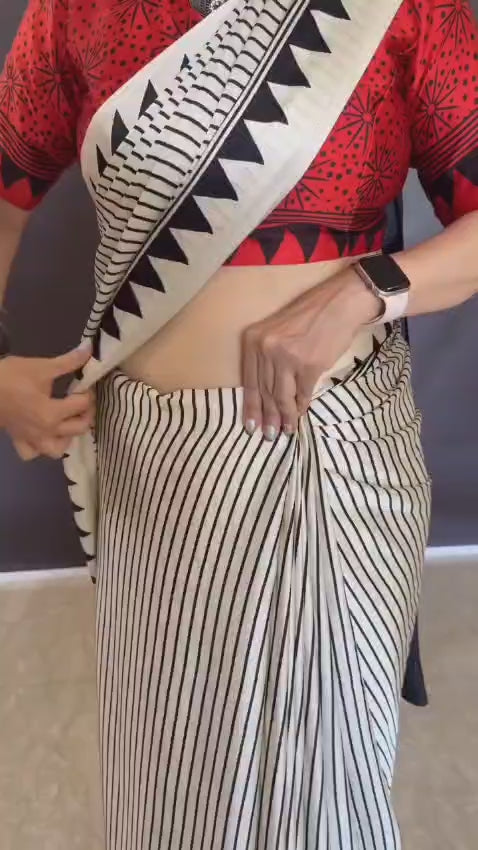 "Exclusive Black & White Stripe Ajrakh Cotton Saree – Handcrafted Elegance"