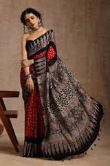 Jahangir Khatri Black & Red Ajrakh Bandhani Modal Saree – Festive & Ethnic Wear Elegance