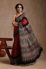 Jahangir Khatri Black & Red Ajrakh Bandhani Modal Saree – Festive & Ethnic Wear Elegance