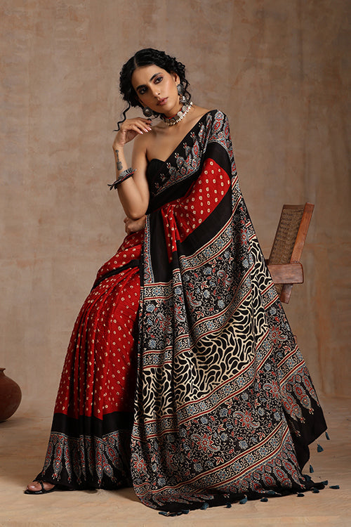 Jahangir Khatri Black & Red Ajrakh Bandhani Modal Saree – Festive & Ethnic Wear Elegance