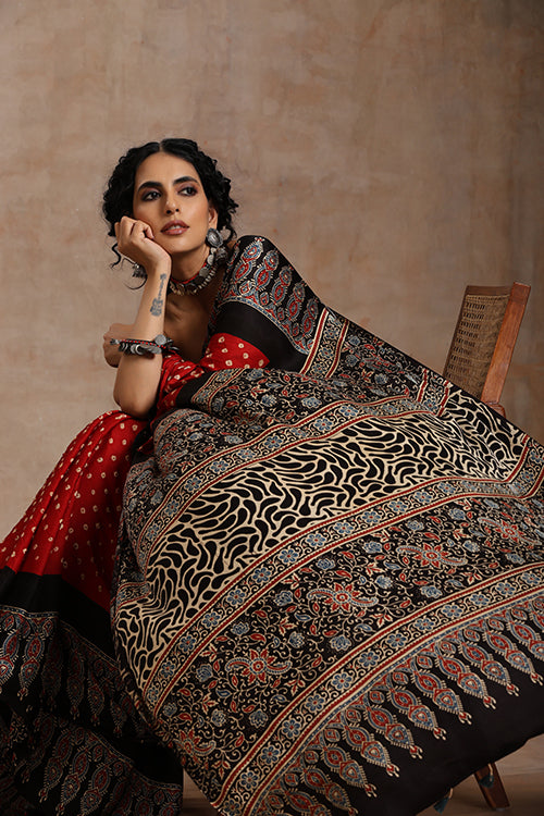 Jahangir Khatri Black & Red Ajrakh Bandhani Modal Saree – Festive & Ethnic Wear Elegance