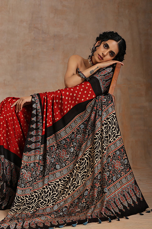 Jahangir Khatri Black & Red Ajrakh Bandhani Modal Saree – Festive & Ethnic Wear Elegance