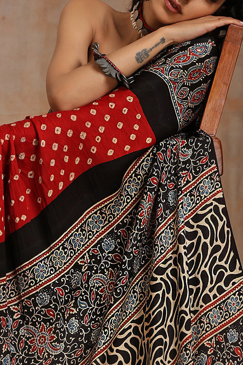 Jahangir Khatri Black & Red Ajrakh Bandhani Modal Saree – Festive & Ethnic Wear Elegance