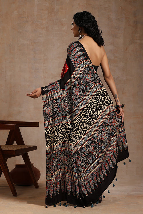 Jahangir Khatri Black & Red Ajrakh Bandhani Modal Saree – Festive & Ethnic Wear Elegance